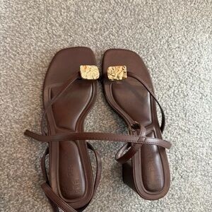 Brown Square-Toe Strappy Sandals with Gold Accent Detail